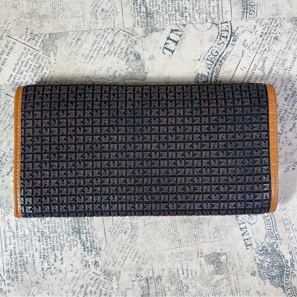 Vintage Ted Lapidus Paris Monogram Leather Wallet Tan Brown Bifold France